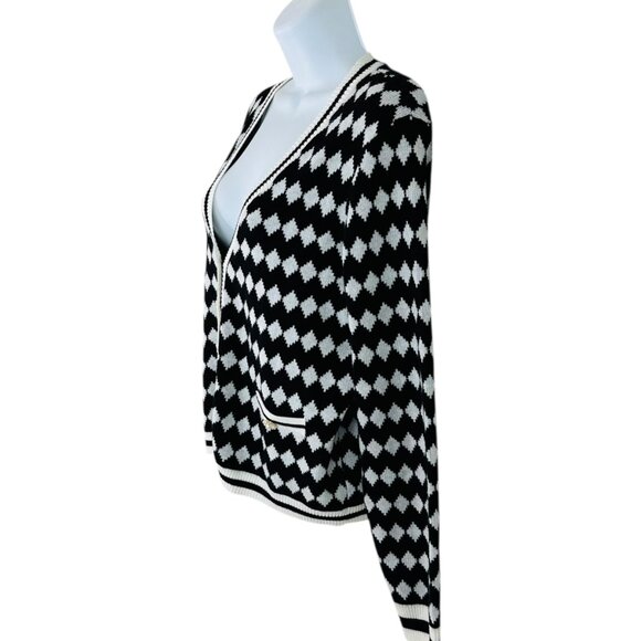 Elie Tahari Women's Size L Diamond Pattern Black Ivory Cardigan Sweater NWT - Picture 2 of 9